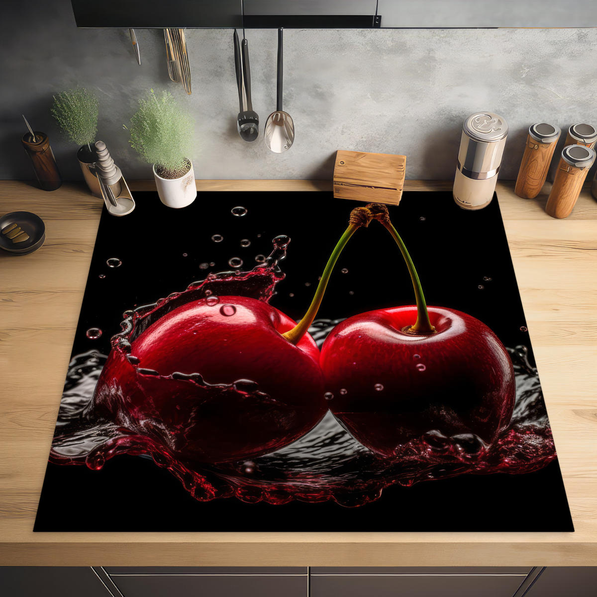 HERABDECKPLATTE - Kirsche - Rot - Frucht - Wasser - Schwarz - 60x60 - Kirschrot, Kunststoff (60/60/0.2cm) - MuchoWow