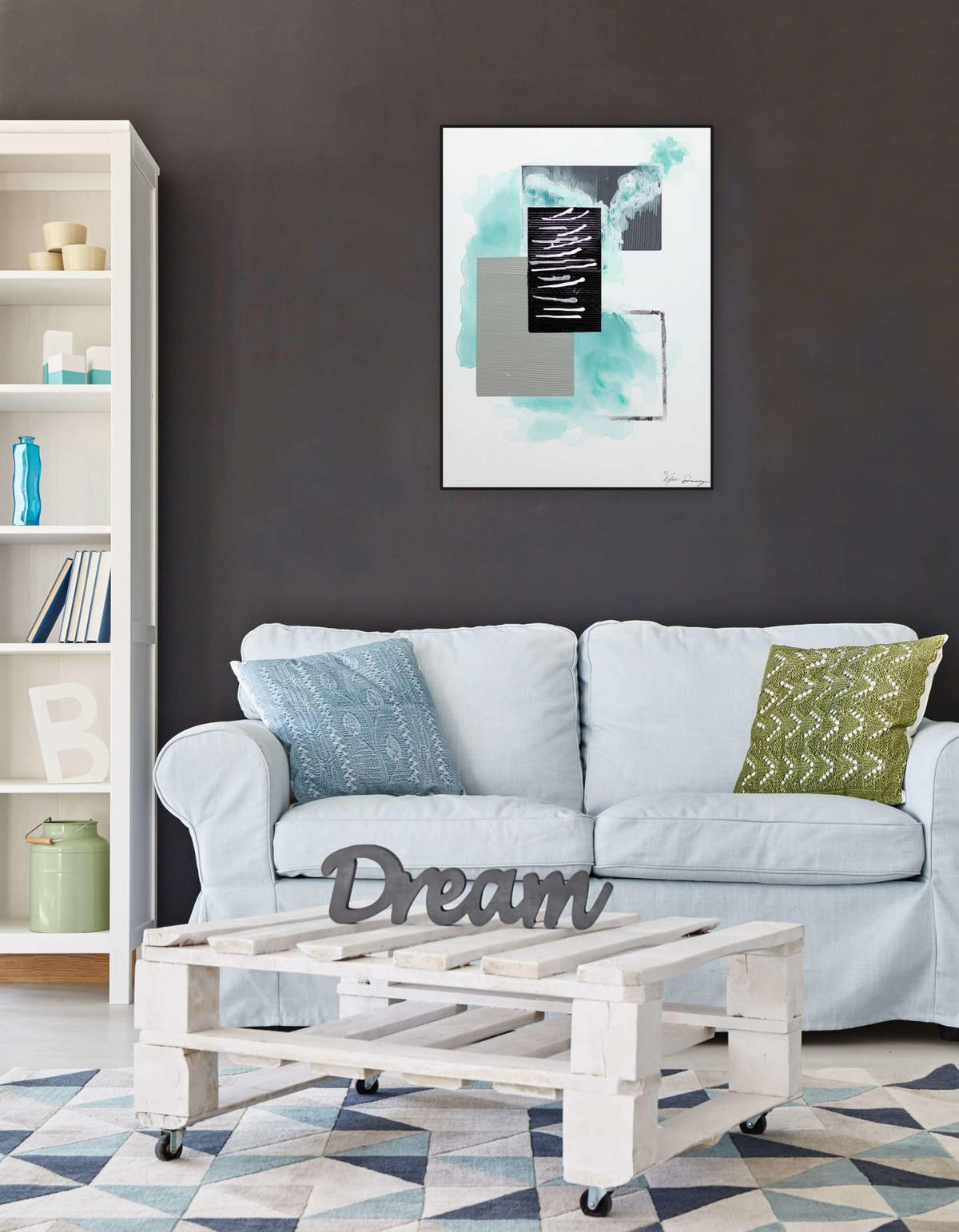 RUČNE MAĽOVANÝ AKRYLOVÝ OBRAZ 60/80 cm, sivý/tyrkysový, abstraktný geometrický motív - sivá/tyrkysová, drevo/textil (60/80cm) - KUNSTLOFT