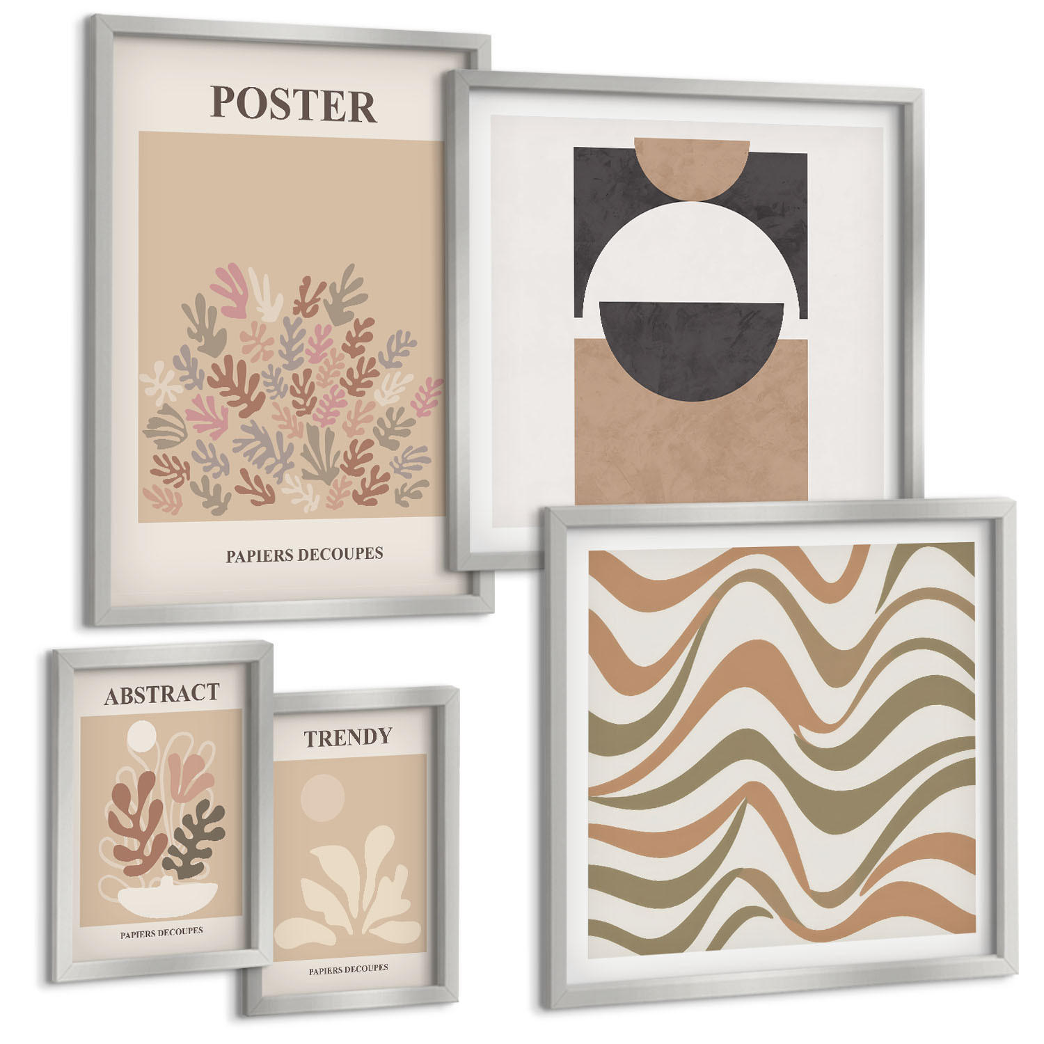 BILDER SET 5er Set - 50x50 cm & 20x30 cm & 40x60 cm Silberner Rahmen - Abstrakte Formenmuster - Silberfarben, Kunststoff (40/60cm) - TULUP