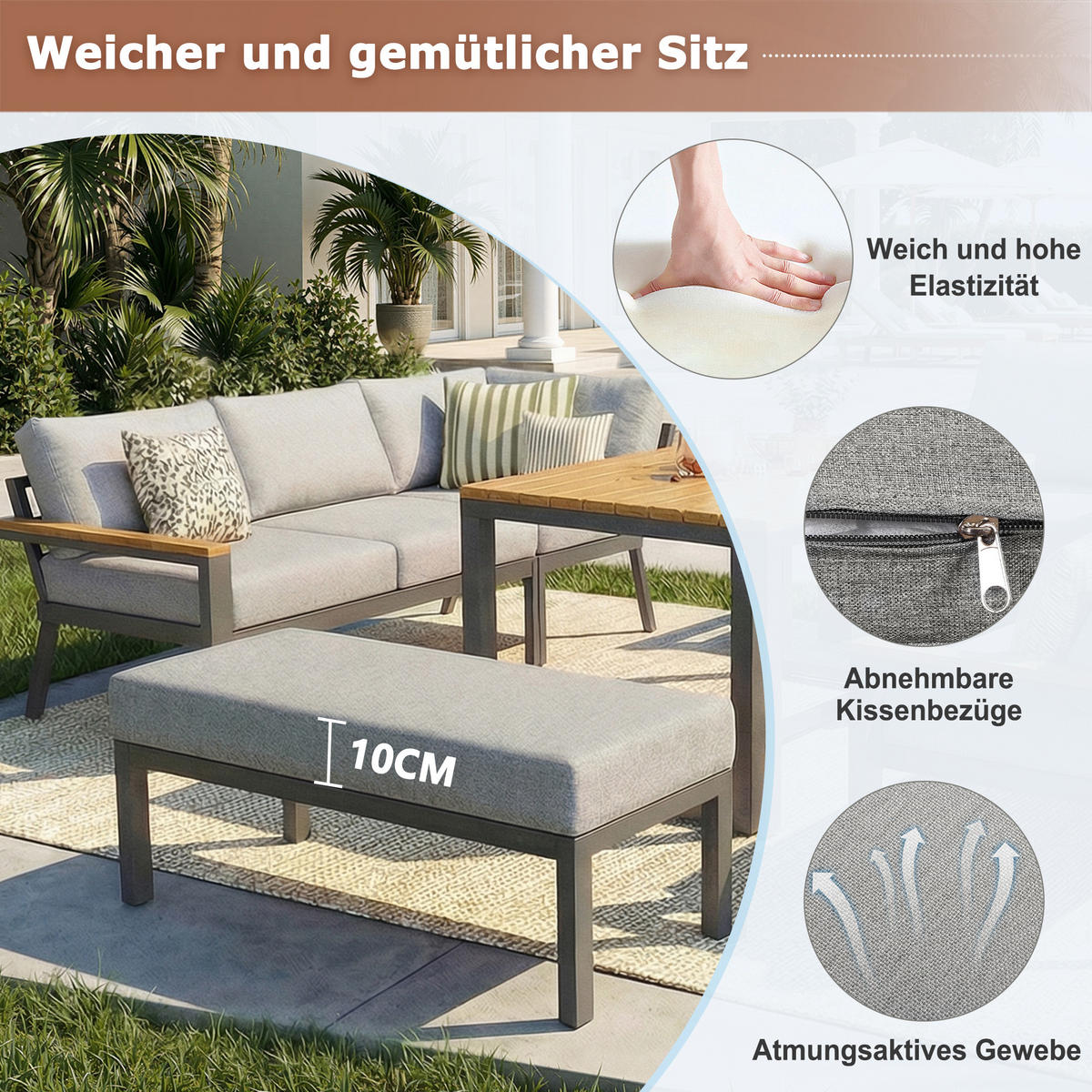 GARTENSET L-Form 8 Personen Grau Mit Holztisch & Sessel - Grau, Metall - FLIEKS