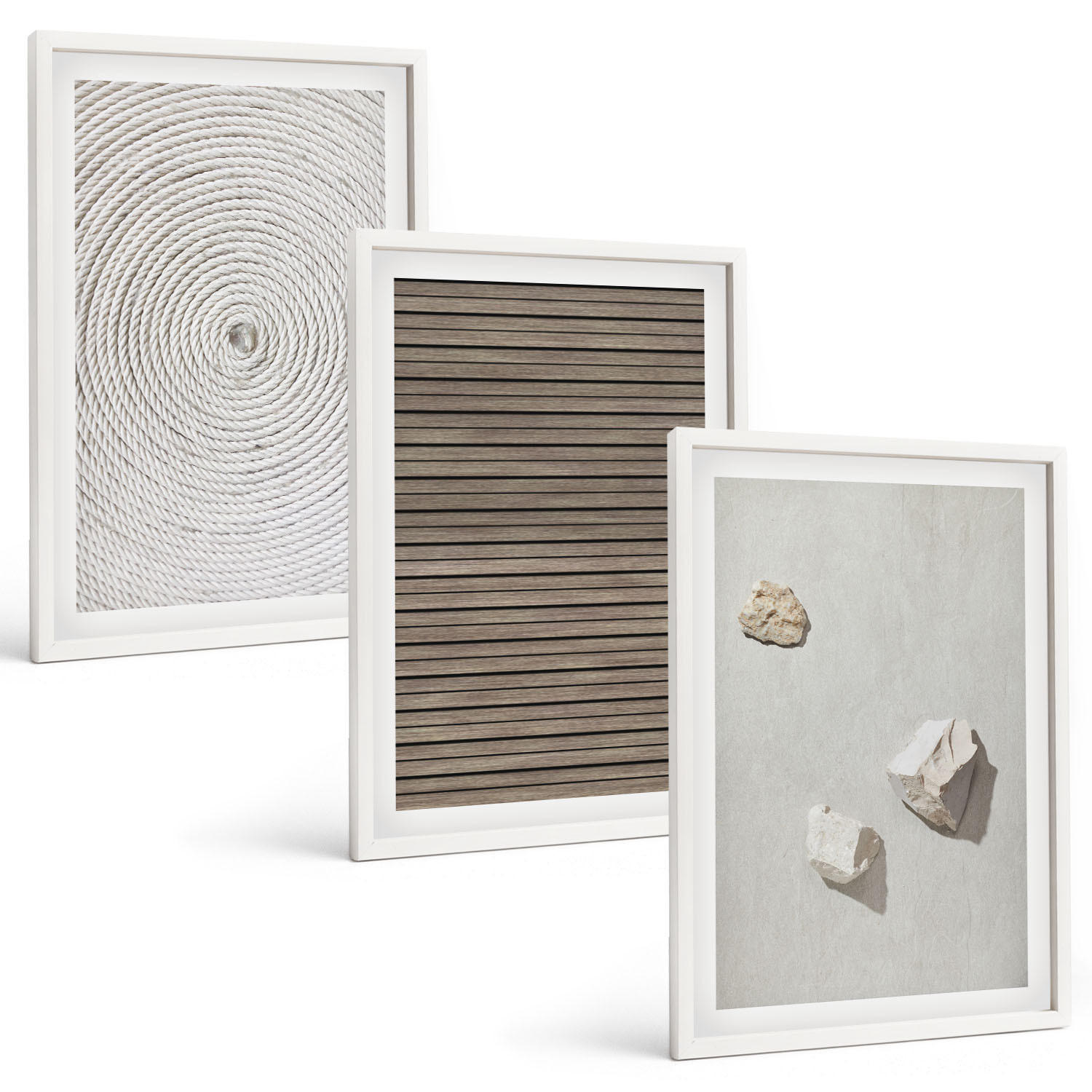 BILDER SET 3er Set - 40x60 cm Weißer Rahmen - Natürliche Texturen Holz Stein - Weiß, Kunststoff (40/60cm) - TULUP