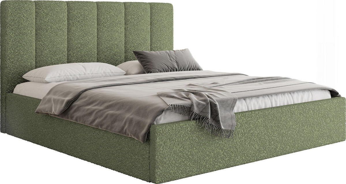 POLSTERBETT Amira Slim mit Bettkasten, Grün Boucle 200x200 cm - Birkefarben/Schwarz, Holz/Holzwerkstoff (200/200cm) - WFL GROUP