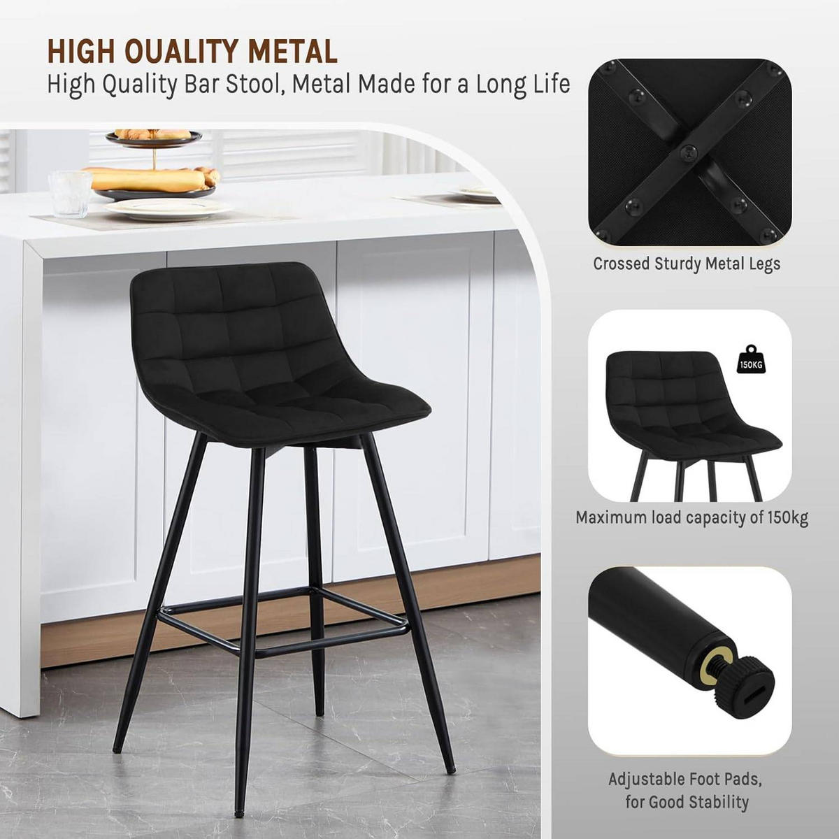 BARHOCKER 4er Set, Fußstütze, Samt, Schwarz - Schwarz, Textil/Metall (43/88/35.5cm) - Woltu