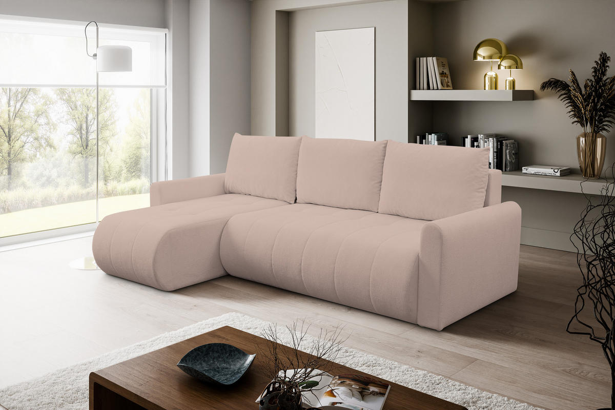 ECKSOFA Primo mit Schlaffunktion und Bettkasten in Cordstoff - Schwarz/Rosa, Holz/Holzwerkstoff (245/143cm) - Ravio