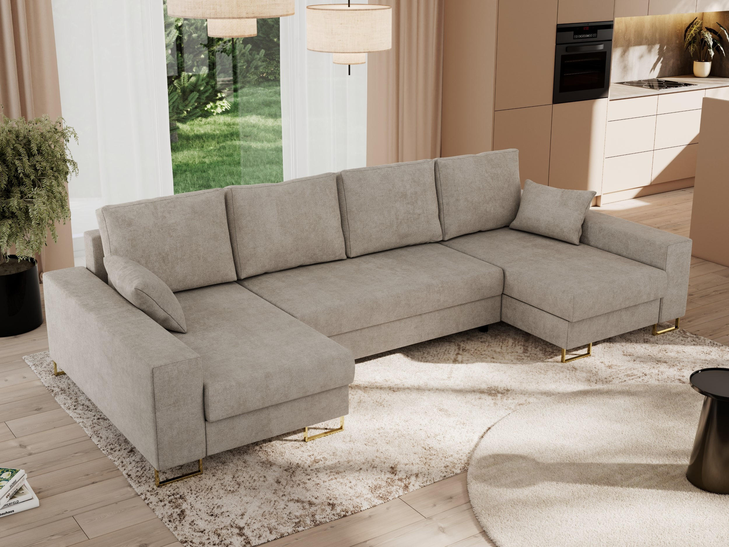 WOHNLANDSCHAFT DORIAN U Struktur Beige - Beige/Goldfarben, Textil/Metall (312/95/138cm) - MKS