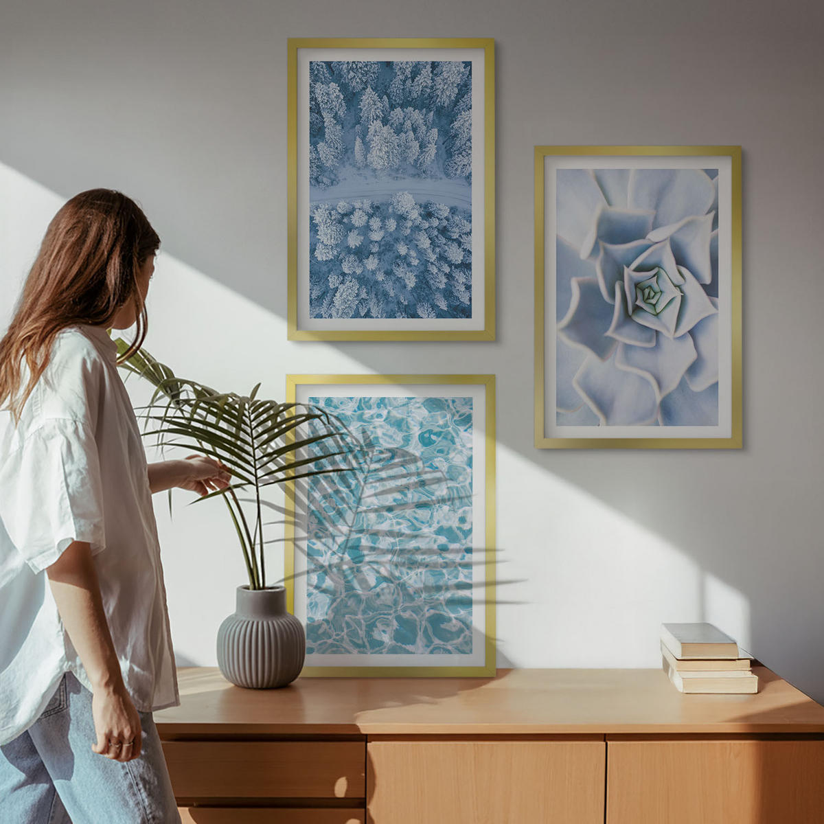 WANDBILDER 3er Set - 40x60 cm Goldrahmen - Winterwald blaue Blume Wasser - Goldfarben, Kunststoff (40/60cm) - ArtPrintCave
