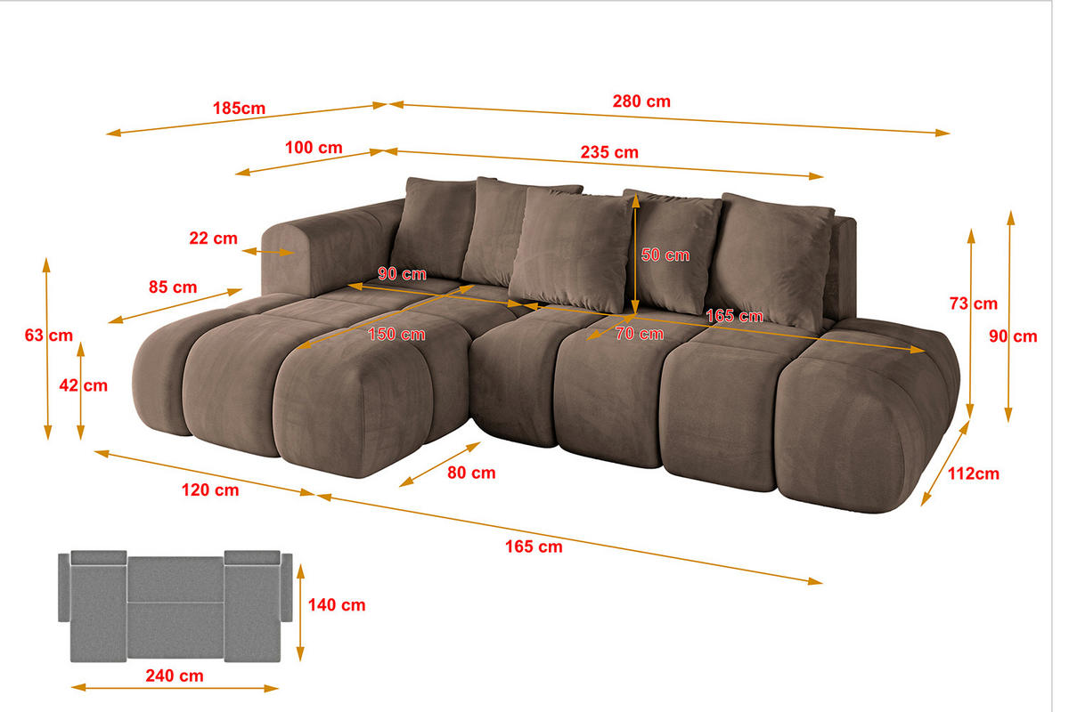 ECKSOFA Ottomane Links CLOUD-L-v1 280x185x90 Braun Velours - Braun, Holzwerkstoff/Kunststoff (180/289cm) - ALTDECOR