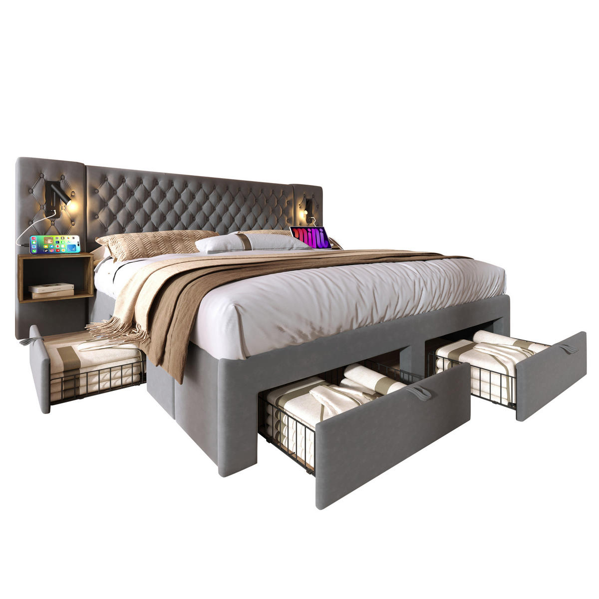 POLSTERBETT 180/200 cm Grau mit Leselicht und 4 Schubladen aus Samt - Grau, Textil (180/200cm) - OKWISH