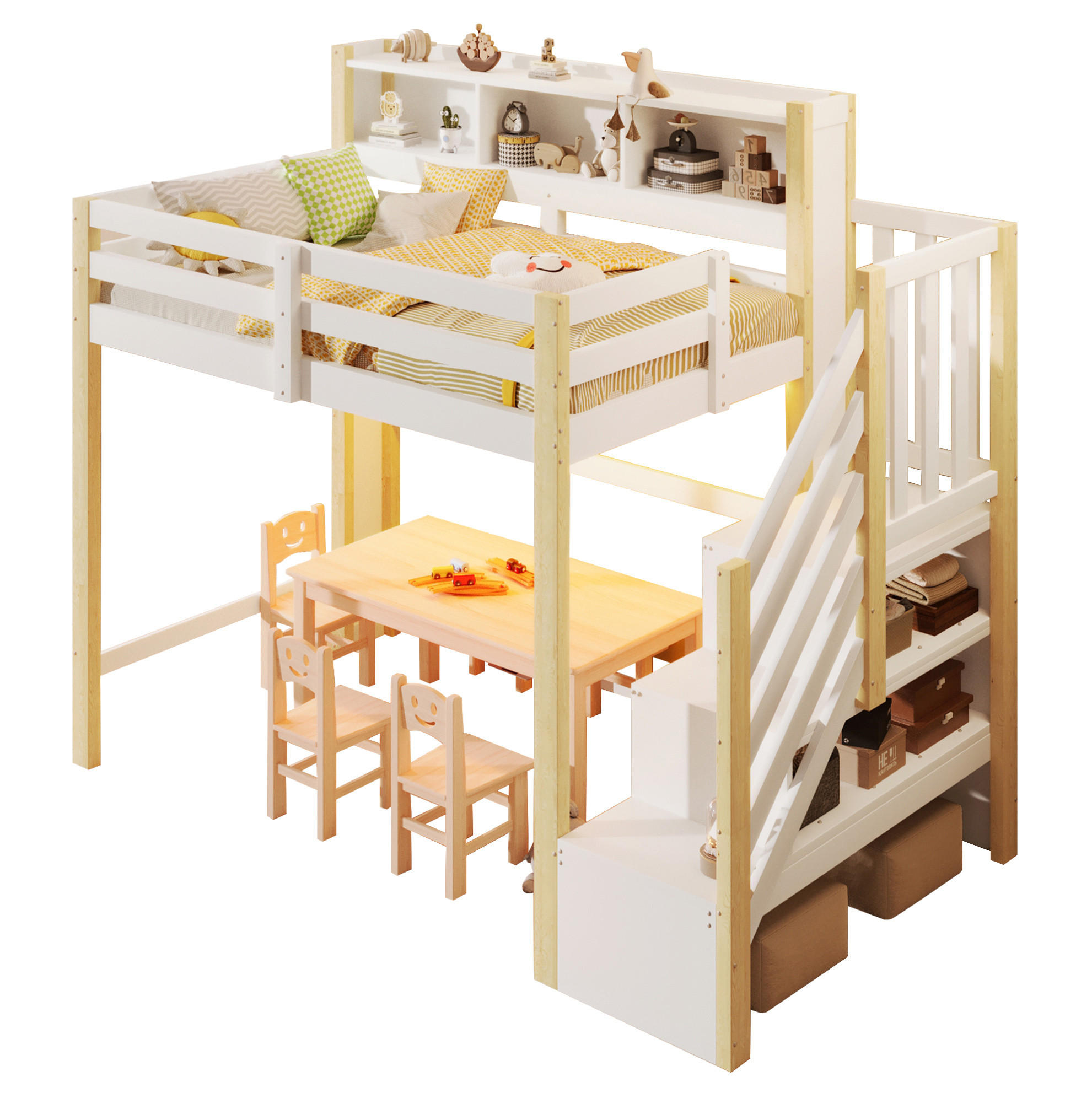 HOCHBETT 90x200 cm in Weiß und Natur mit LED-Beleuchtung, Stauraumtreppe und Ablagefach - Weiß, Holz (90/200cm) - IVMEU