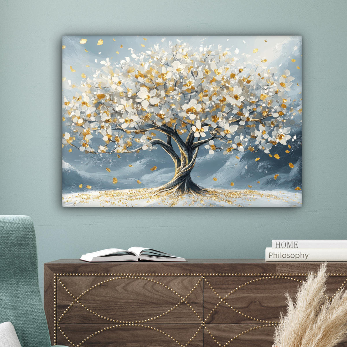 LEINWANDBILD Baum - Winter - Baum des Lebens - Modern - Gold Wandbilder 80x60 cm - Goldfarben, Textil (80/60cm) - MuchoWow