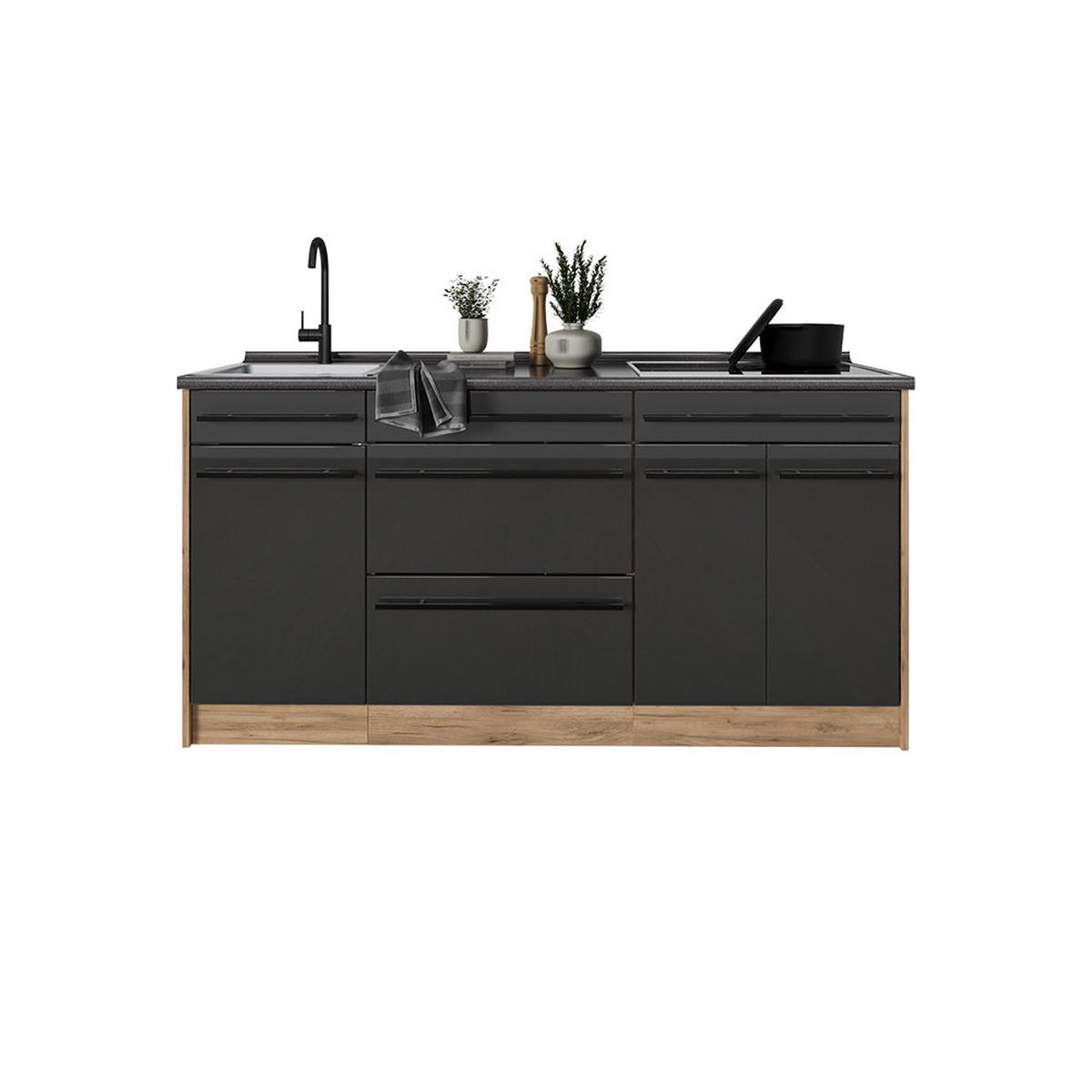 KÜCHENBLOCK R-Line, Anthrazit Landhaus/Goldkraft Eiche, 160 cm Arbeitsplatte Anthrazit - Eichefarben/Anthrazit, Holzwerkstoff (160/81.6/60cm) - Vicco