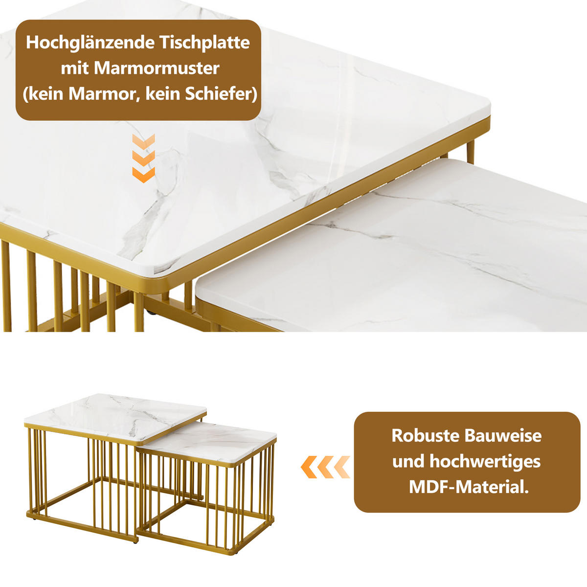 COUCHTISCH DE-069 2er-Set Marmoroptik Weiß/Gold - Weiß, Holzwerkstoff (45/45/40cm) - ComfortXL