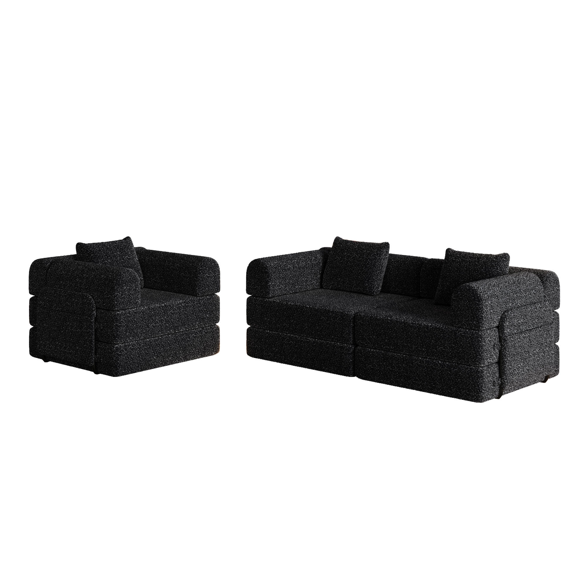 SCHLAFSOFA 2-in-1, Chenille mit Armlehnen-Staufach & Stahlrahmen, 91,4/274/69,8 cm, Schwarz - Schwarz, Textil (91.4/69.8/274cm) - Redom
