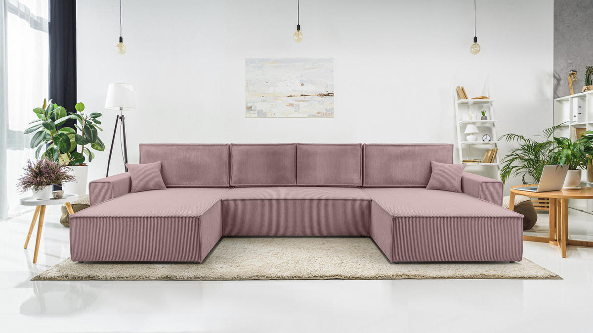 WOHNLANDSCHAFT Cedria Lavendel 389/145/85 cm mit Schlaffunktion - Hellrosa/Schwarz, Kunststoff/Textil (389/85/145cm) - AX Living