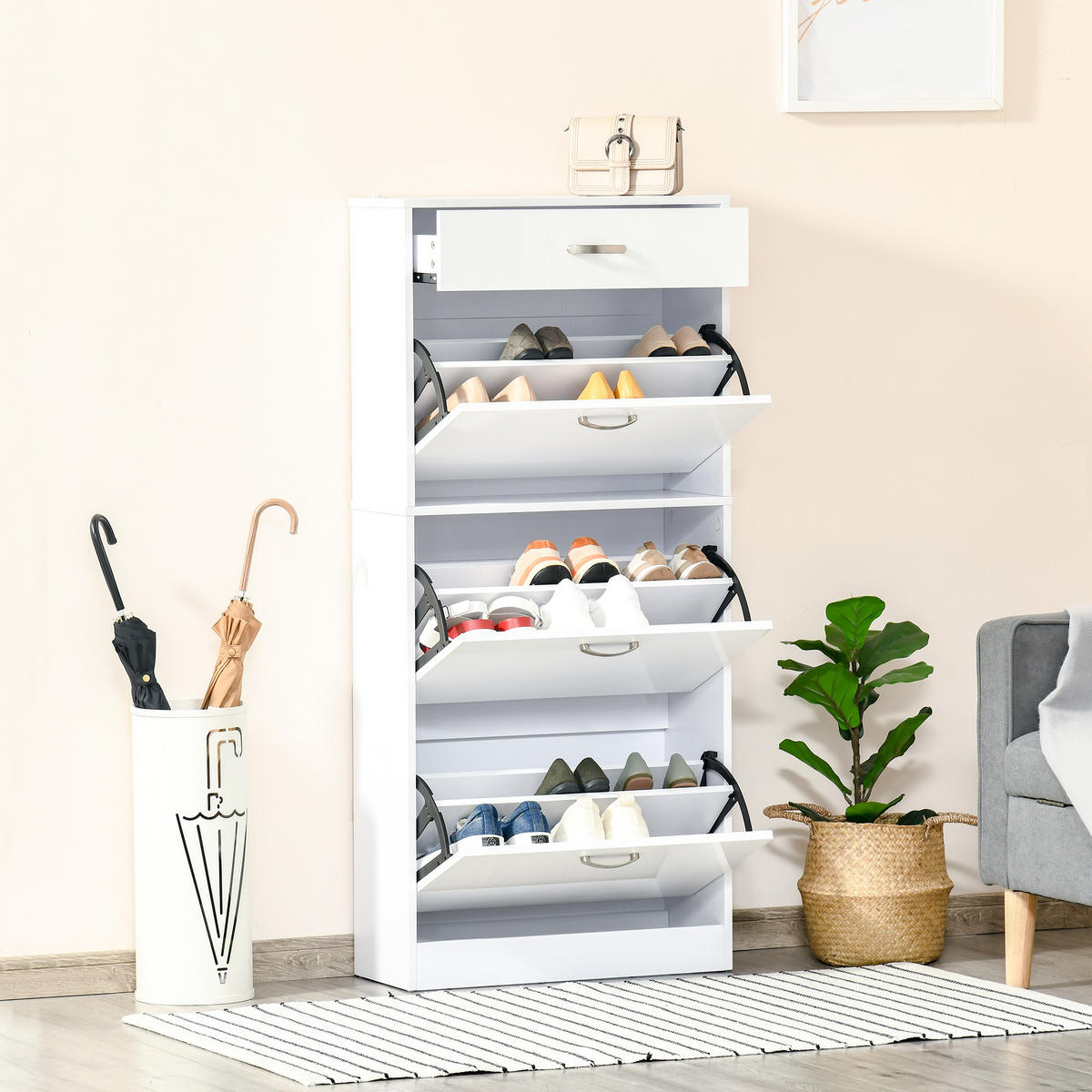 SCHUHSCHRANK DE-14975 3 Klapptüren & Schublade Weiß - Weiß, Holzwerkstoff (62/135/24cm) - ComfortXL