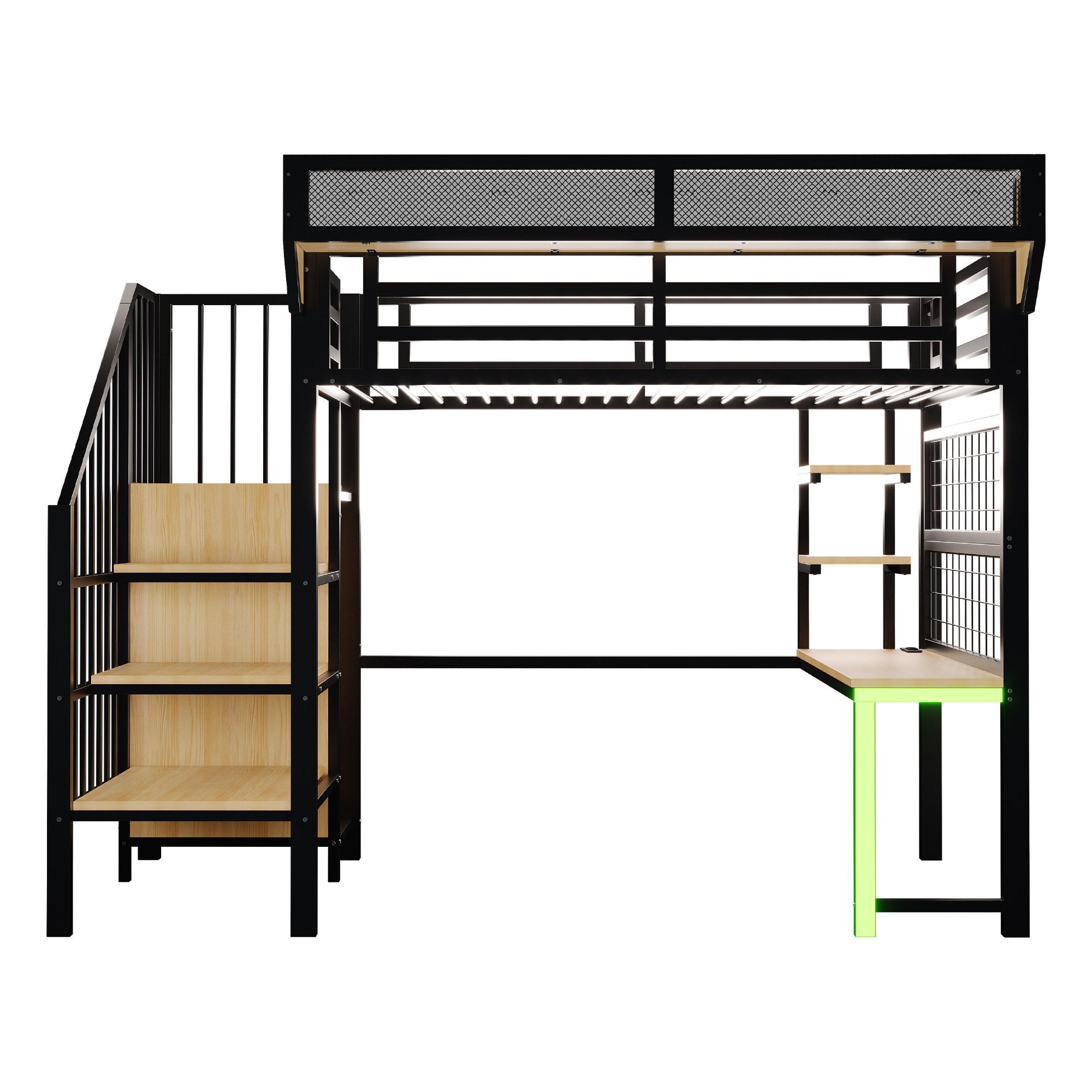 HOCHBETT 90/200 cm Schwarz mit Schreibtisch, Stauraumtreppe, LED-Licht und Aufbewahrungsnetz - Schwarz, Metall (90/200cm) - Oxeza