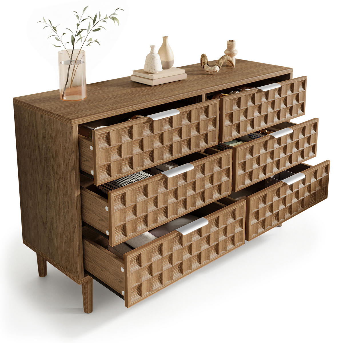 SIDEBOARD 120/37/77 cm mit 6 Schubladen, Waffelstruktur und Metallgriffen in Walnussfarben - Walnussfarben, Holzwerkstoff (120/91/40cm) - CHICFURN