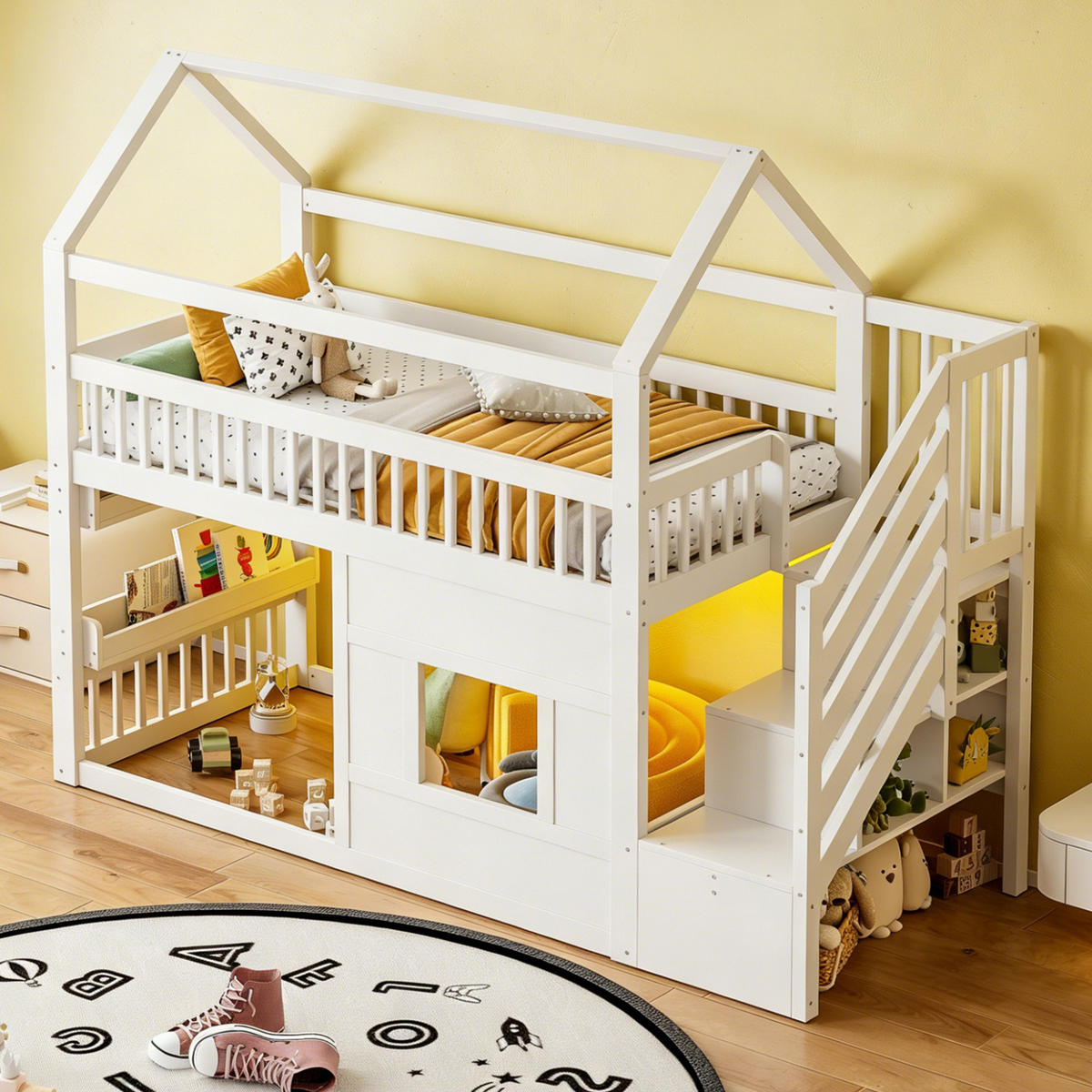 HAUSBETT 90/200 cm in Weiß mit Treppe, Ablage und LED aus Kiefernholz - Weiß, Holzwerkstoff - STILVORA
