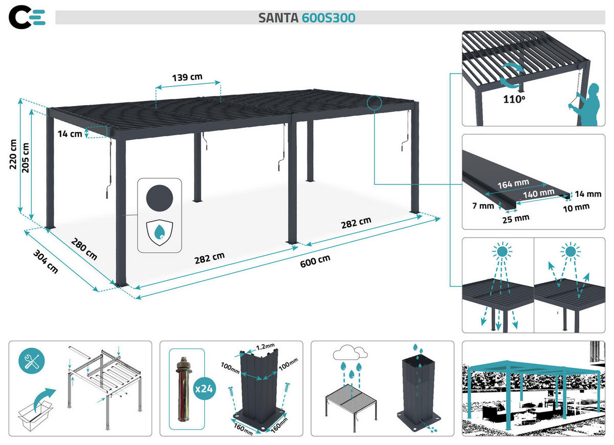 PERGOLA BIOKLIMATISCHE SELBSTTRAGENDE Santa graue 6m x 3m - Grau, Metall (600/220/305cm) - Cazeboo