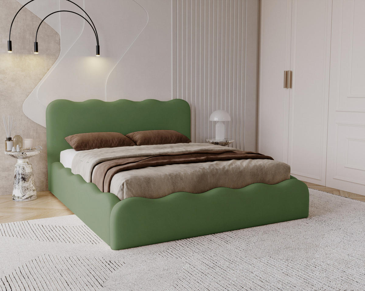 POLSTERBETT 180x200 Wave, Bettkasten, Samtstoff, Grün - Grün, Holz/Textil (180/200cm) - Emporius