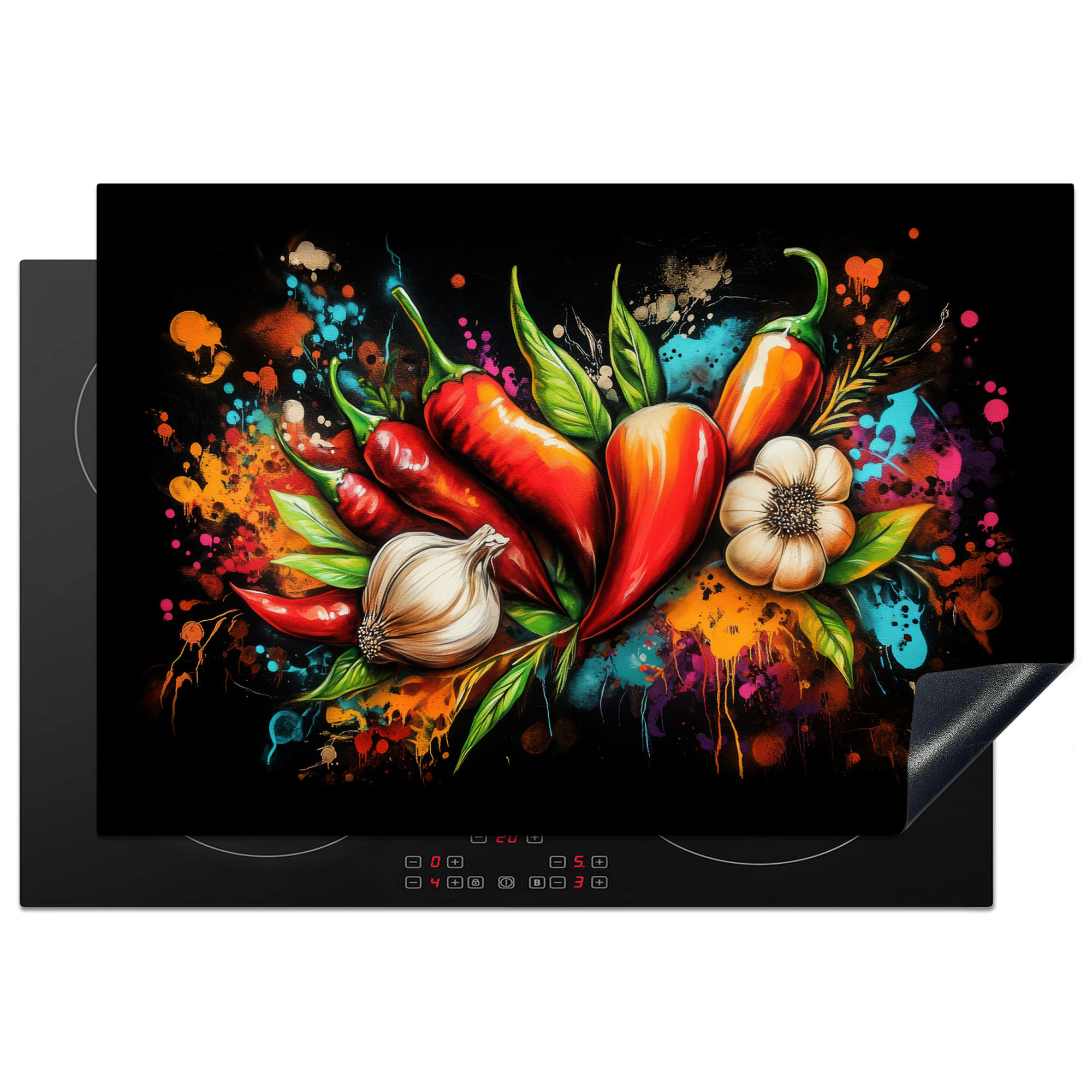MuchoWow KRYT NA INDUKČNÍ DESKU Zelenina - paprika - česnek - graffiti - barva - barevné 77x51 cm