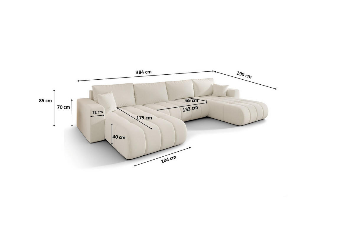 ECKSOFA mit schlaffunktion und bettkasten MILO U PREMIUM, stoff WIND, Ecru - Ecru, Holz (384/190cm) - Kaiser Möbel