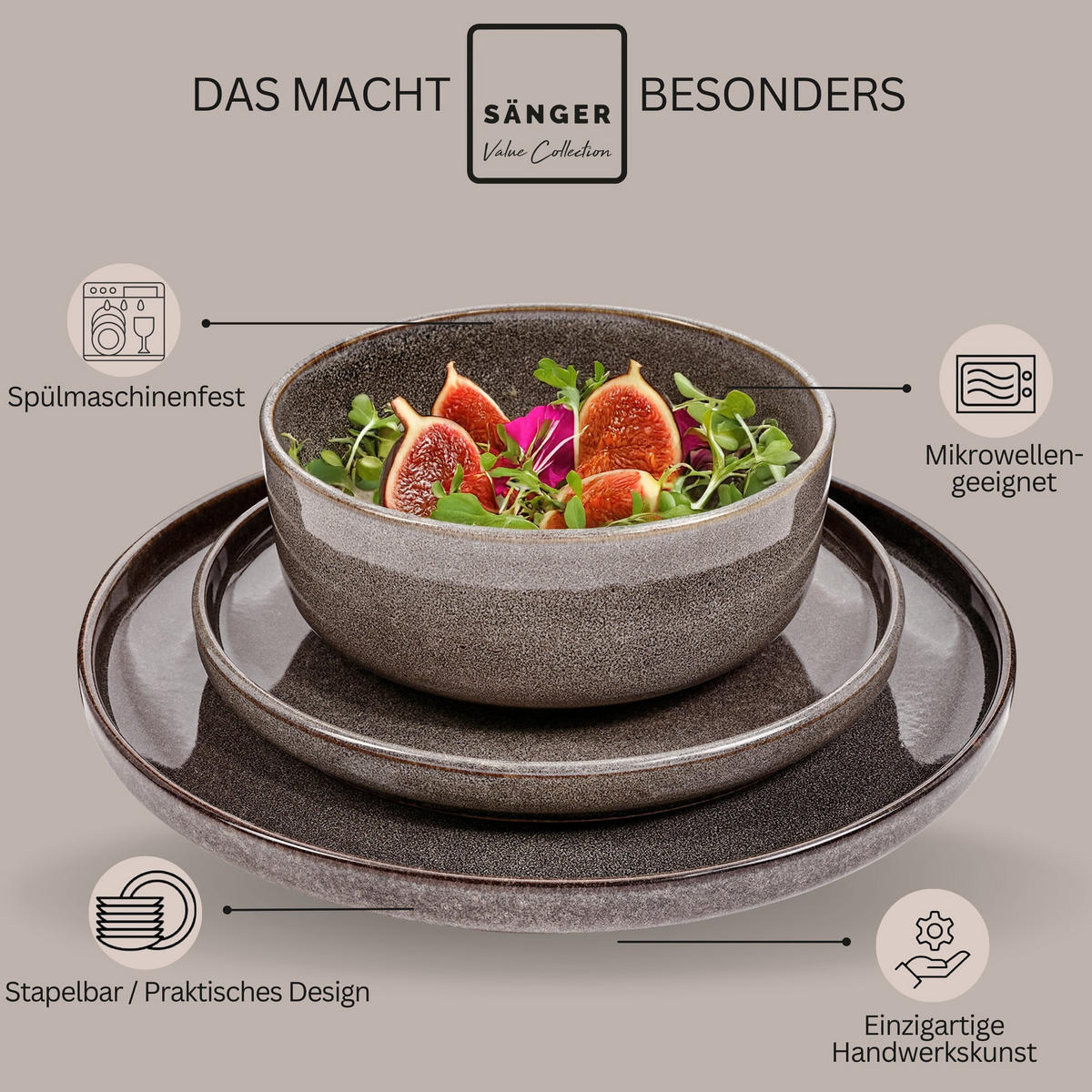 TAFELSERVICE KAIRO GRAPHIT - 30 teilig aus Steingut - Braun, Keramik (70/30/70cm) - Sänger