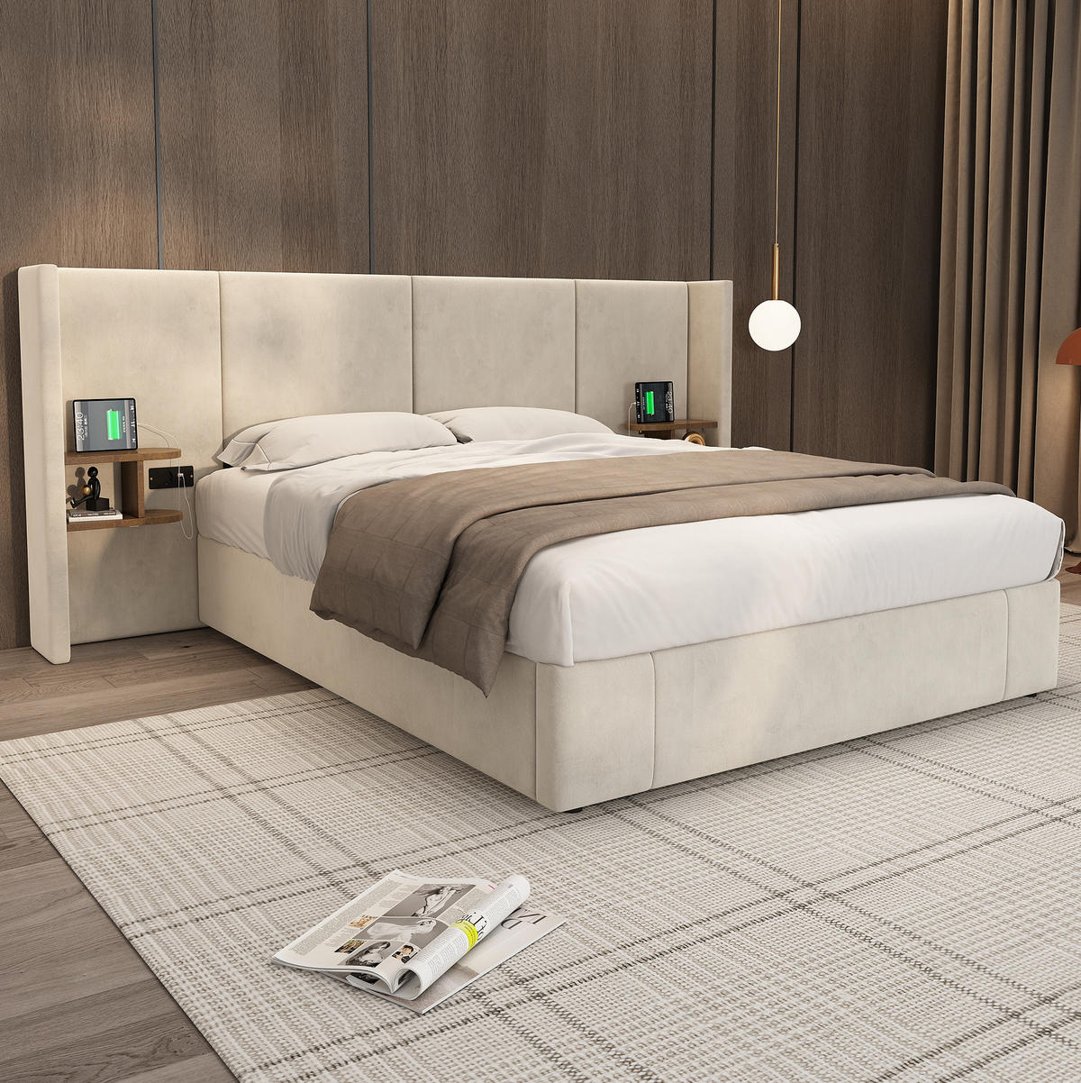 POLSTERBETT mit Stauraum 160x200 cm Samt Beige mit 2 Nachttischen - Beige, Metall (160/200cm) - Meubliv