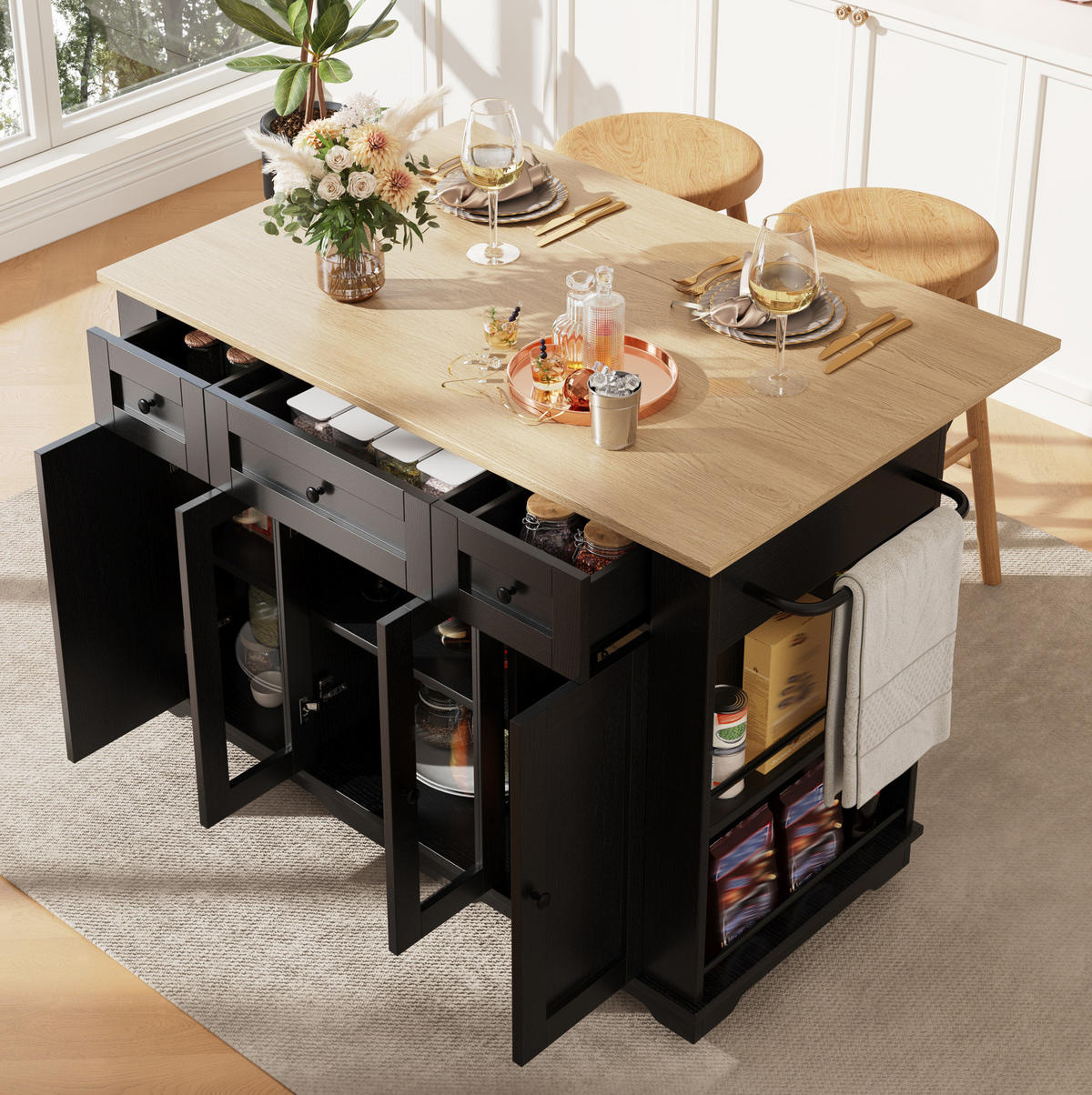 KÜCHENINSEL 151,5/91,7/60 cm Schwarz/Natur aus MDF und Metall mit klappbarer Arbeitsplatte - Schwarz, Holzwerkstoff (60/91.7/151.5cm) - OKMYHOME