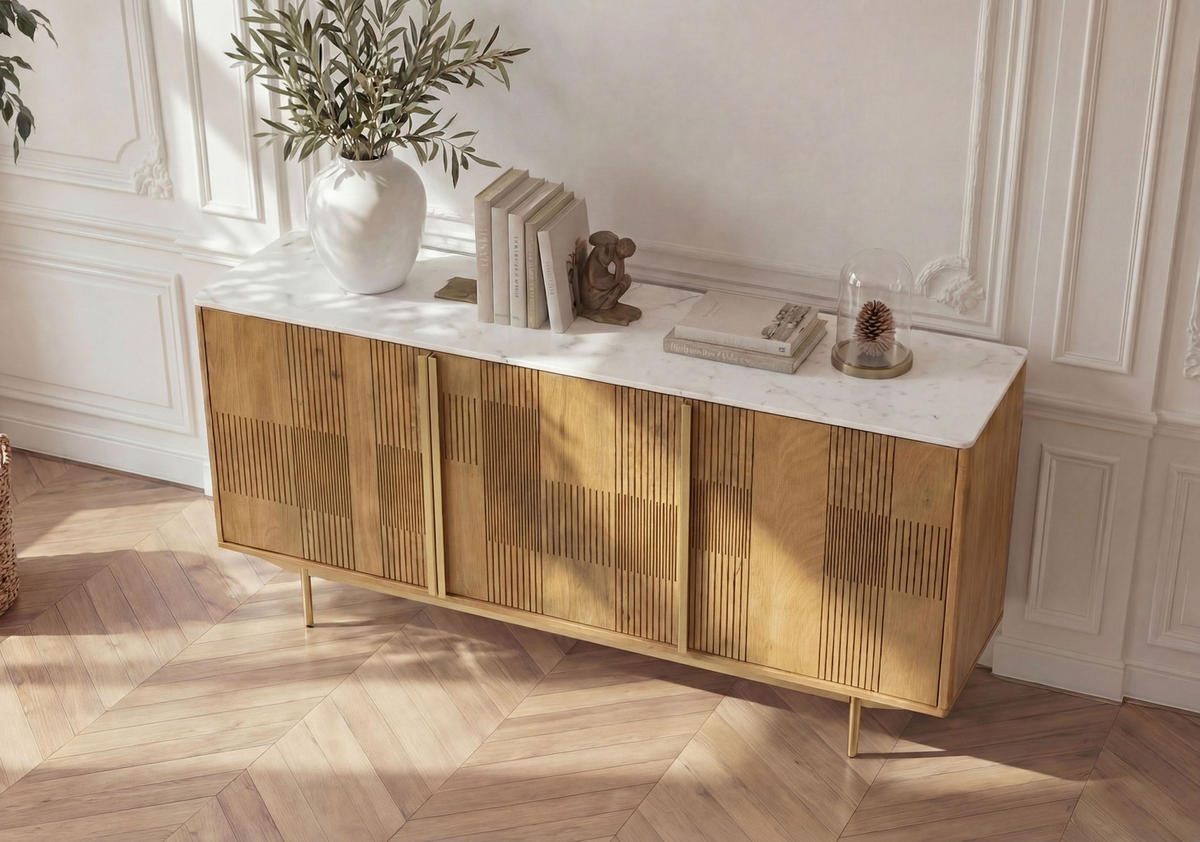 SIDEBOARD Mango 150x40x80 hellbraun geölt / Marmor weiß MIAMI #101 - Braun, Holz (150/80/40cm) - Massivmoebel24