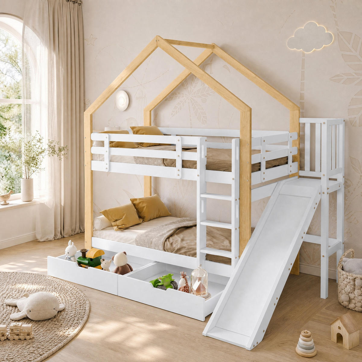 ETAGENBETT 90/200 mit Rutsche, Leiter und Schubladen in Weiß und Natur - Weiß, Holz (90/200cm) - EVRYAE
