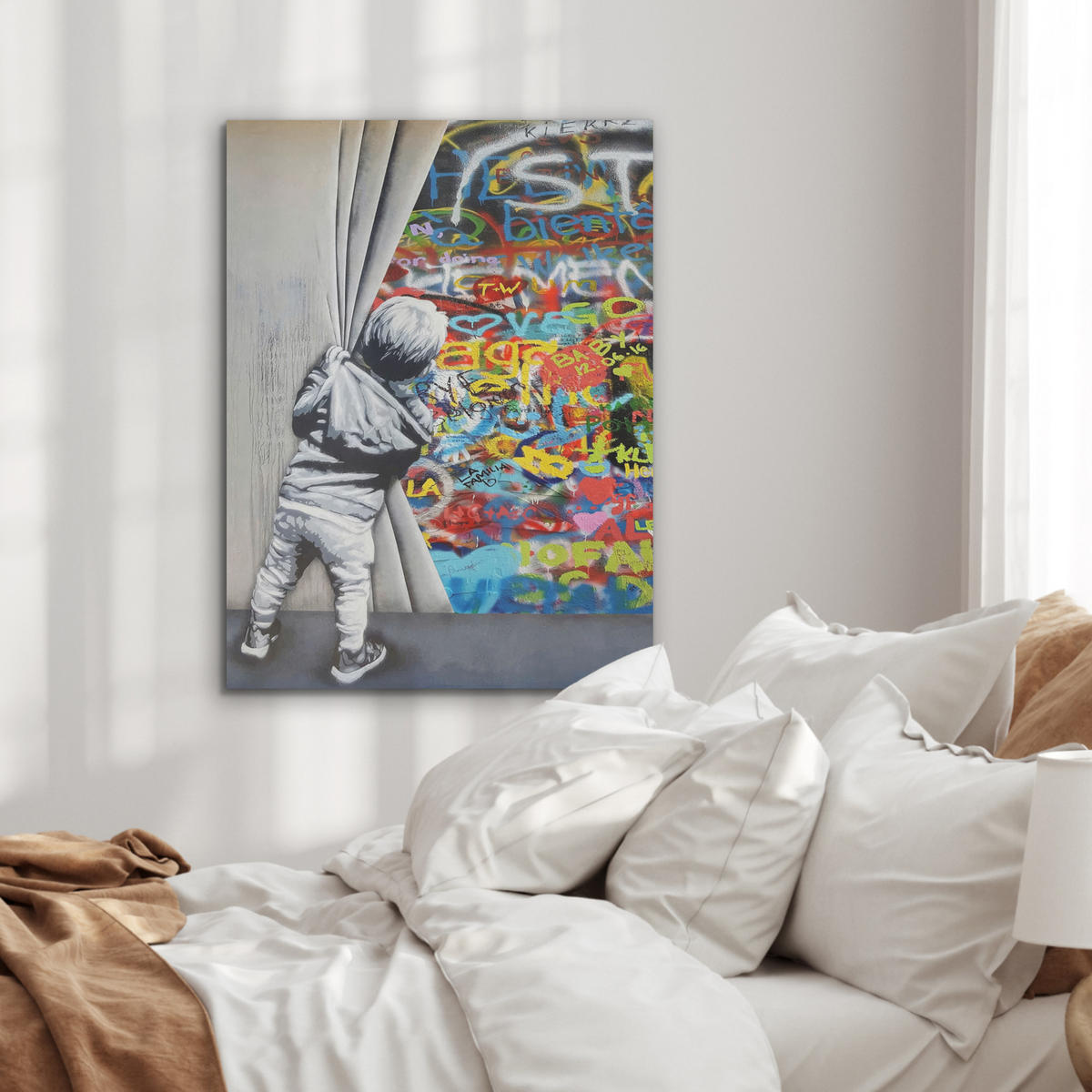 AKUSTIKBILD Graffiti - Junge - Ilussie - Straßenkunst Wandbilder 60x80 cm - Hellgrau, Textil (60/80/0.9cm) - MuchoWow