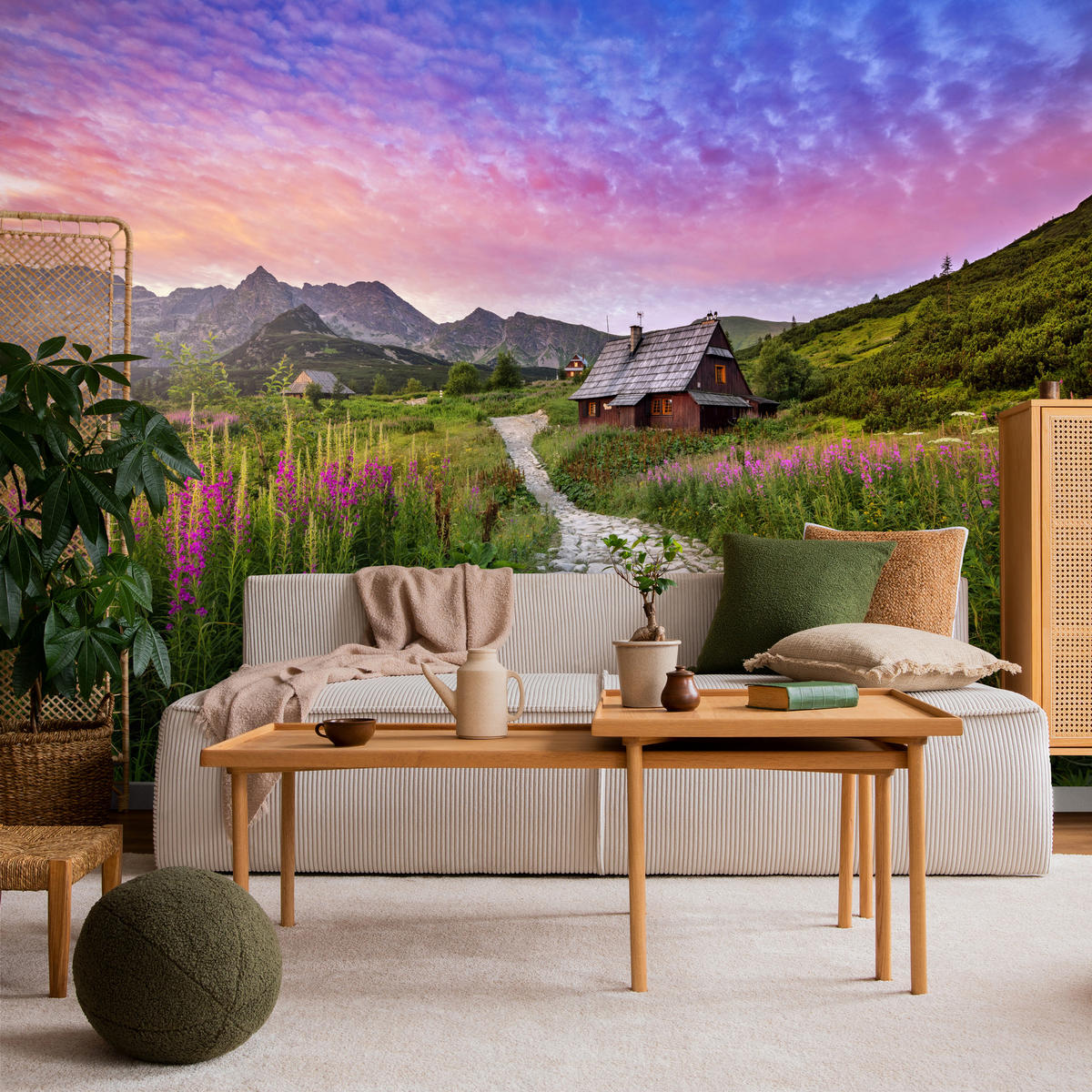 FOTOTAPETE für Schlafzimmer Berglandschaft Holzchalet Natur 150x105 - Beige/Violett, Papier (150/105cm) - Muralo