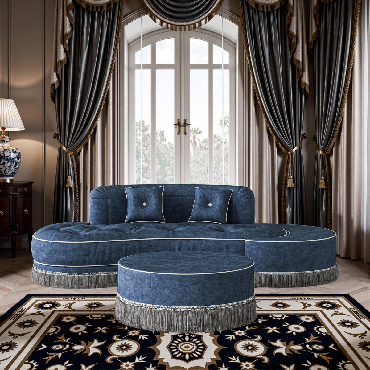 SOFA Quaste Samt blau 4-teilig - Blau, Textil (80/108/198cm) - Vercart