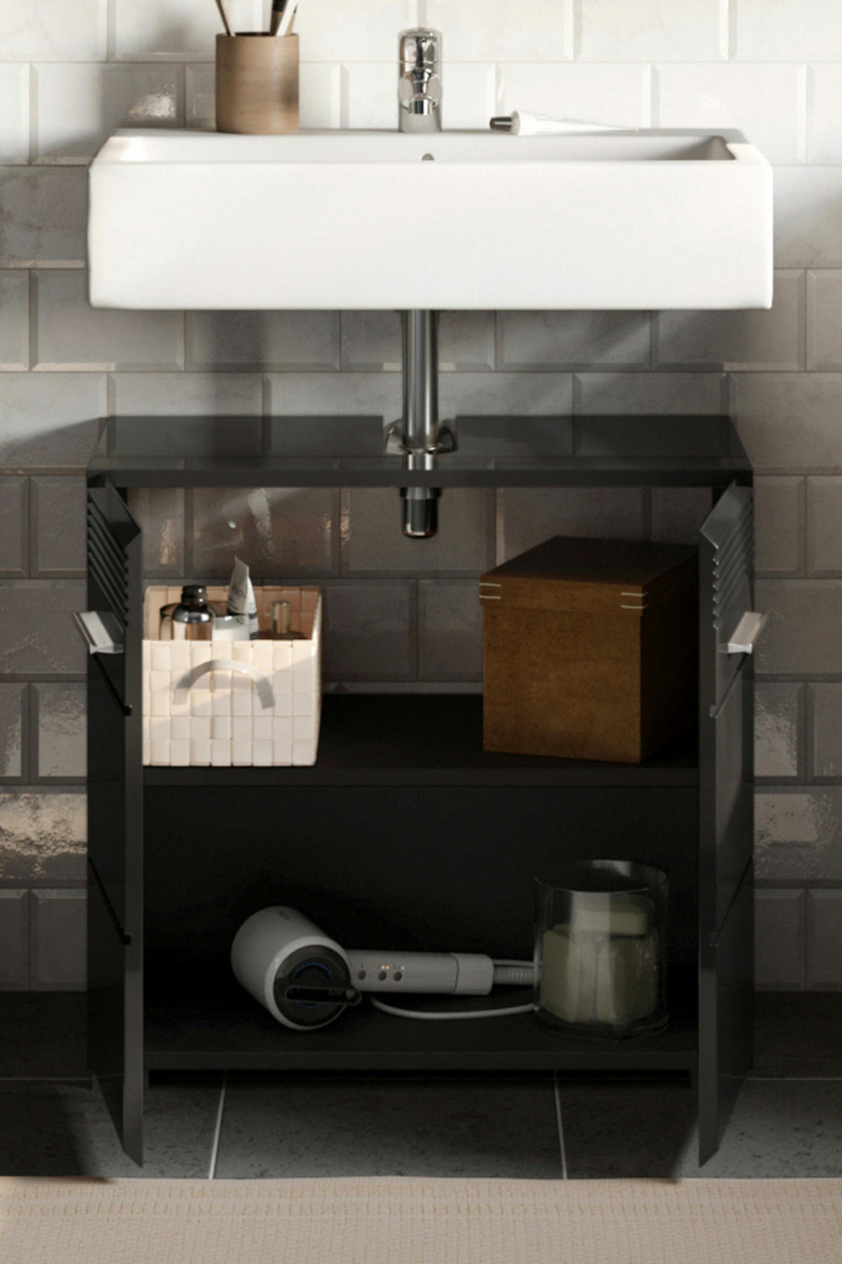 WASCHBECKENUNTERSCHRANK schwarz Hochglanz 60 cm, Badezimmer Unterschrank mit Stauraum - Schwarz Hochglanz/Silberfarben, Holzwerkstoff/Kunststoff (60/56/34cm) - Inn.Furn