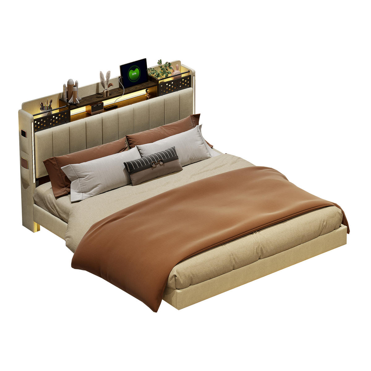 POLSTERBETT 160/200 cm beige aus Leinenstoff mit LED und USB-Anschluss mit Stauraum - Beige, Textil (160/200cm) - OKWISH