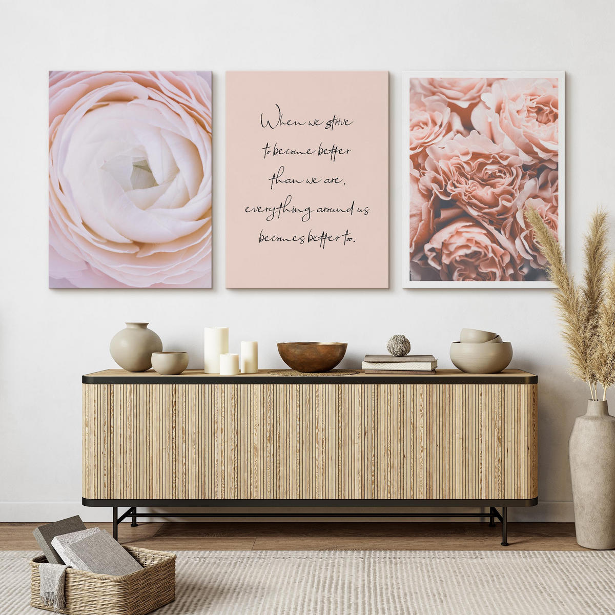 LEINWANDBILDER 3-er Set Blumen 3D Zitate - Beige/Schwarz, Textil (90/40cm) - Muralo