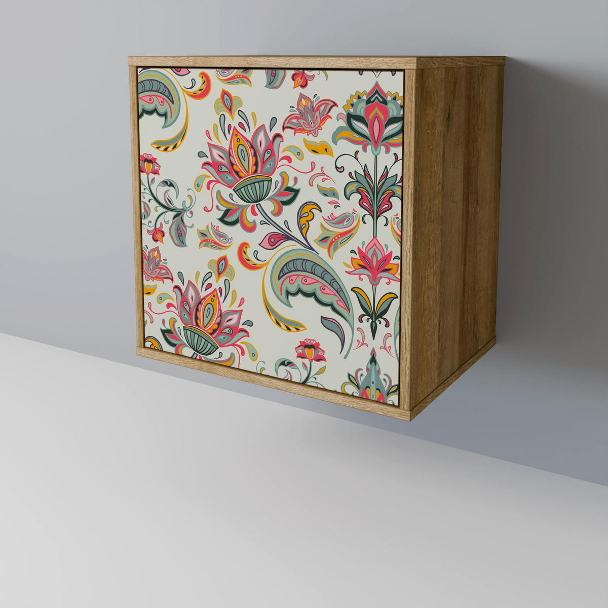 SIDEBOARD ORGANIC FOLKLORE, Eichefarben, 57,5x42x70,5 cm, Schwarze Metall-Sternfüße - Eichefarben/Multicolor, Holzwerkstoff/Metall (57.5/70.5/42cm) - SpaceRebels