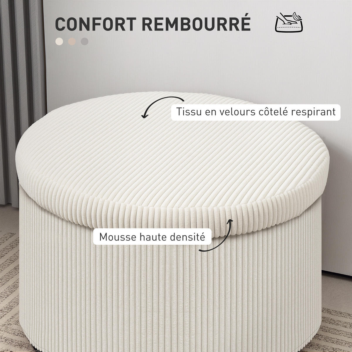 POUF DE-16406 mit Stauraum und Rippenvelours Beige - Beige, Textil (60/41/60cm) - ComfortXL