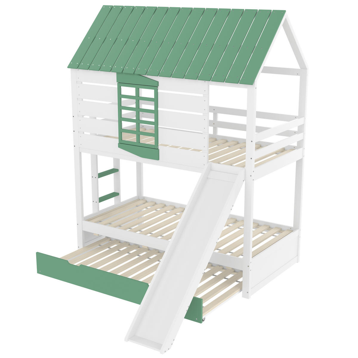 HAUSBETT 90/200 cm mit Rutsche und Ausziehbett in Weiß/Grün - Weiß, Holzwerkstoff (90/200cm) - BEAOK
