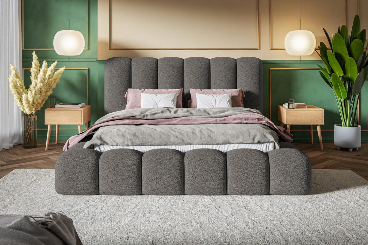 BETT 120x200 - Polsterbett mit Bettkasten und Holzrahmen - Modern Bett - Eleganter Catch Me-Stoff - Kollektion Nora Maxi - Grau - Grau, Holz/Textil (120/200cm) - Alpi-Möbel