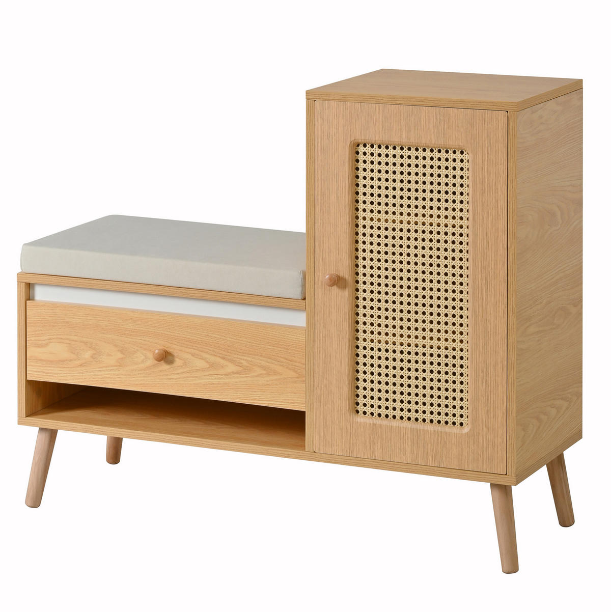 SCHUHSCHRANK 95,5/35/80,5 cm mit Sitzkissen, Schubladen und Rattan-Optik aus MDF und Holzwerkstoff, Natur - Naturfarben, Holzwerkstoff (95.5/80.5/35cm) - Redom