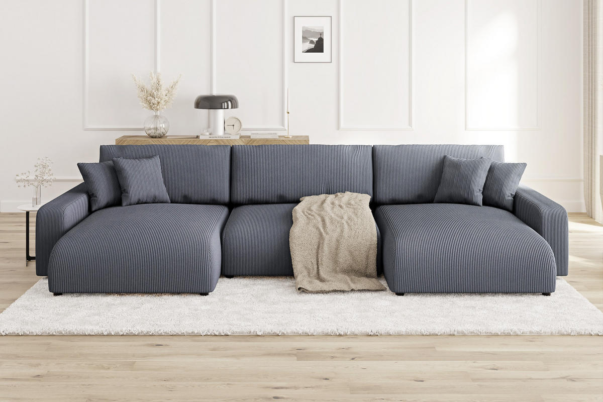 WOHNLANDSCHAFT Emma Grau Cord - Schwarz/Grau, Holz/Kunststoff (332/170cm) - S-Style Möbel