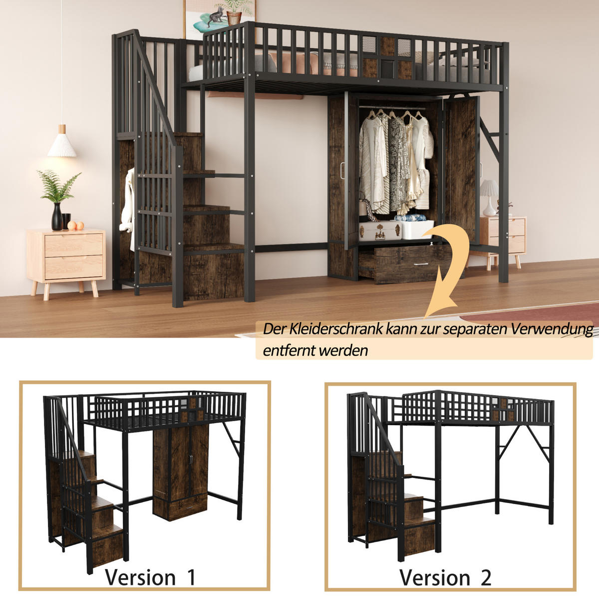 HOCHBETT aus Metall, Sperrholz und MDF 90x200 cm Schwarz mit Kleiderschrank und Stauraumtreppe - Schwarz, Metall (90/200cm) - IVMEU