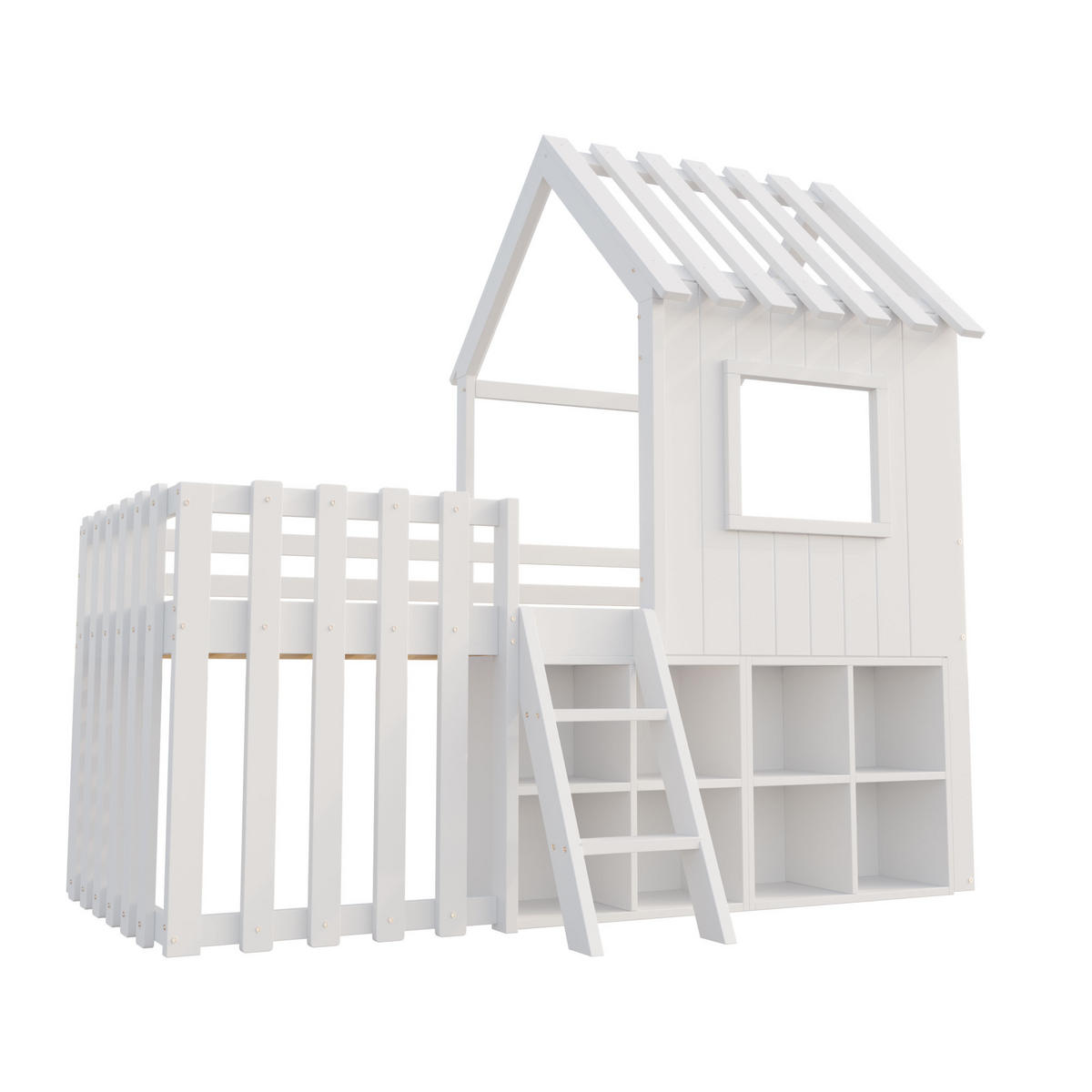 HAUSBETT 90/200 cm DE-01387, in Weiß, mit Dach, Fenster und Stauraum - Weiß, Holz (90/200cm) - ComfortXL