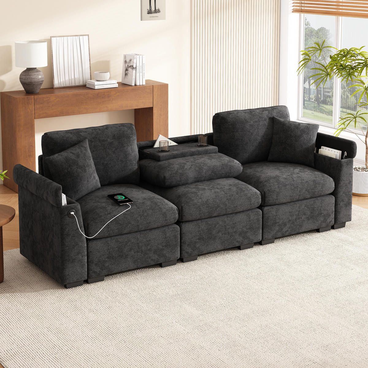 3-SITZER Sofa Chenille mit Klapptisch USB-Anschluss und Stauraum 242/80/88 cm Grau - Grau, Kunststoff/Textil (80/88/242cm) - Redom