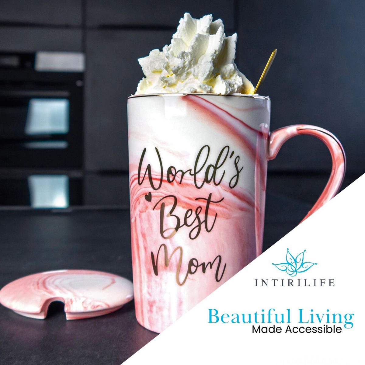 KAFFETASSE mit Deckel Muttertags Geschenk 280 ml - Rosa, Keramik (0.28L) - Intirilife