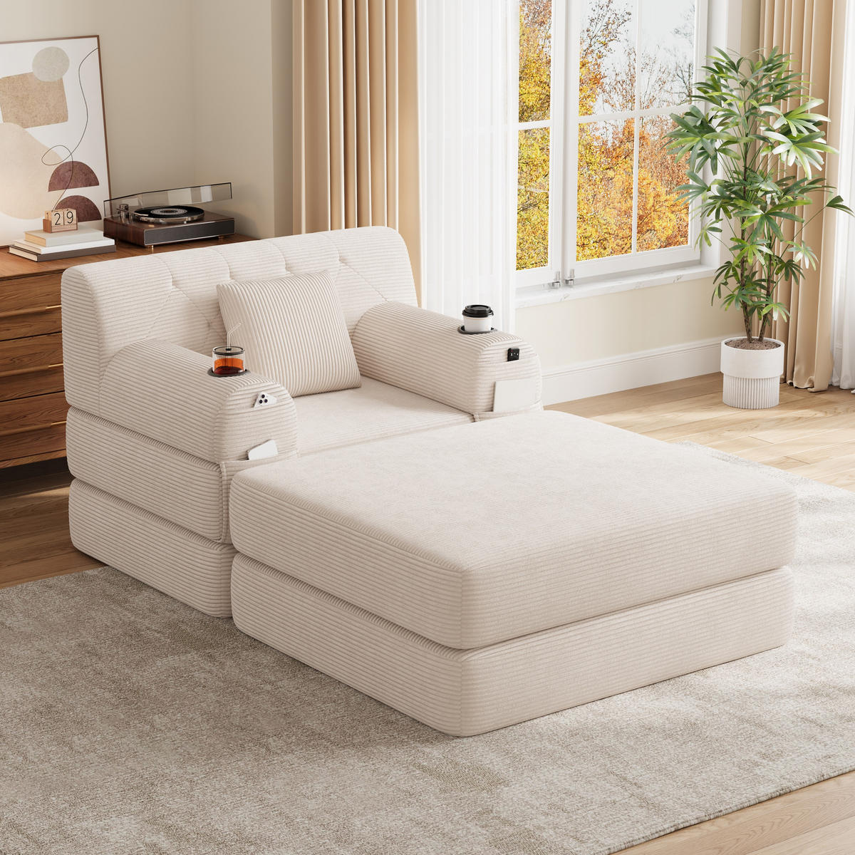 SCHLAFSOFA mit Hocker und Liegefunktion aus Cord mit Getränkehaltern und Seitentaschen in Beige - Beige, Textil (191/60/162cm) - EVRYAE