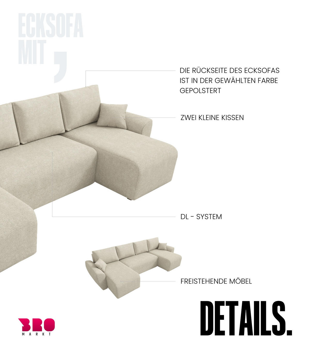WOHLANDSCHAFT Rotterdam U mit Schlaffunktion Beige Bouclé - Grau, Textil (310/80/141cm) - Bromarkt