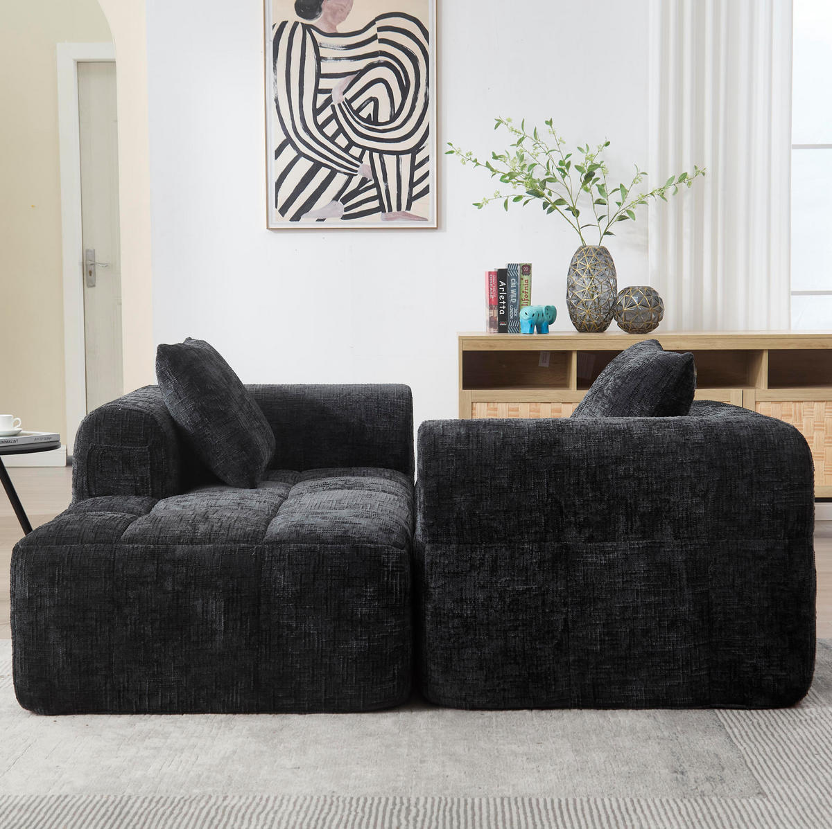 SOFA Chaiselongue 158 x 90 x 60 cm Chenille Black mit Seitentaschen - Schwarz, Kunststoff (90/60/158cm) - Meubliv